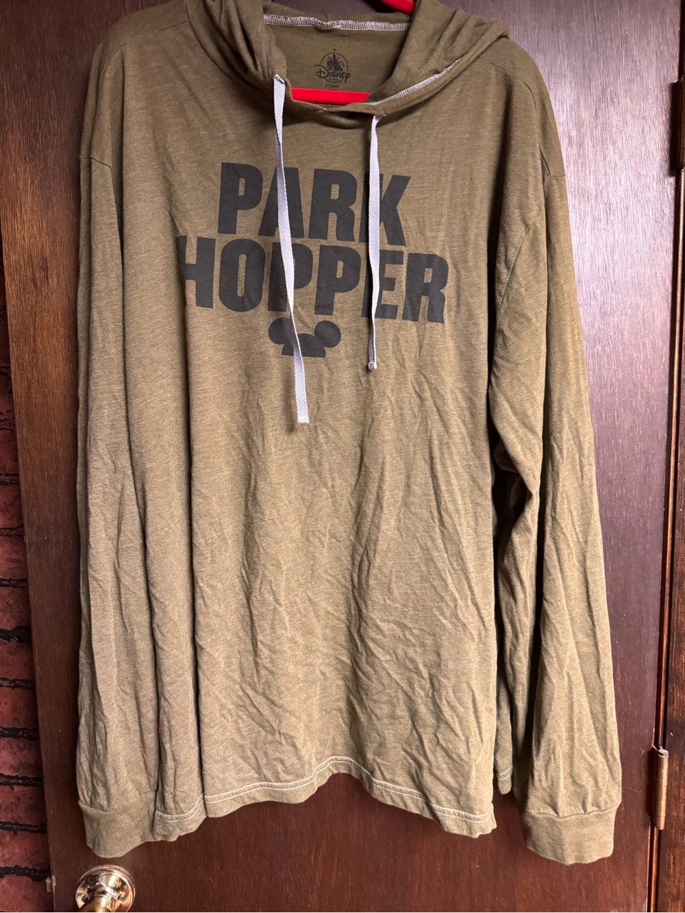 Disney Olive Green Graphic Pullover with Red Accent
